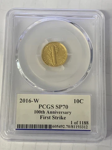2016-W PCGS SP70 Gold Mercury Dime 100th Anniversary First Strike, Edmund C. Moy Cover