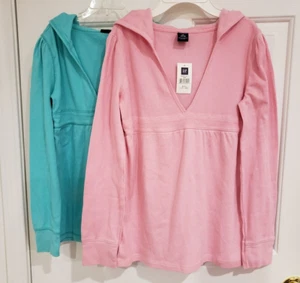 GAP KIDS Girls Cyan/Pink Ribbed Hooded Long Sleeve V-Neck Dress NWT - Picture 1 of 9