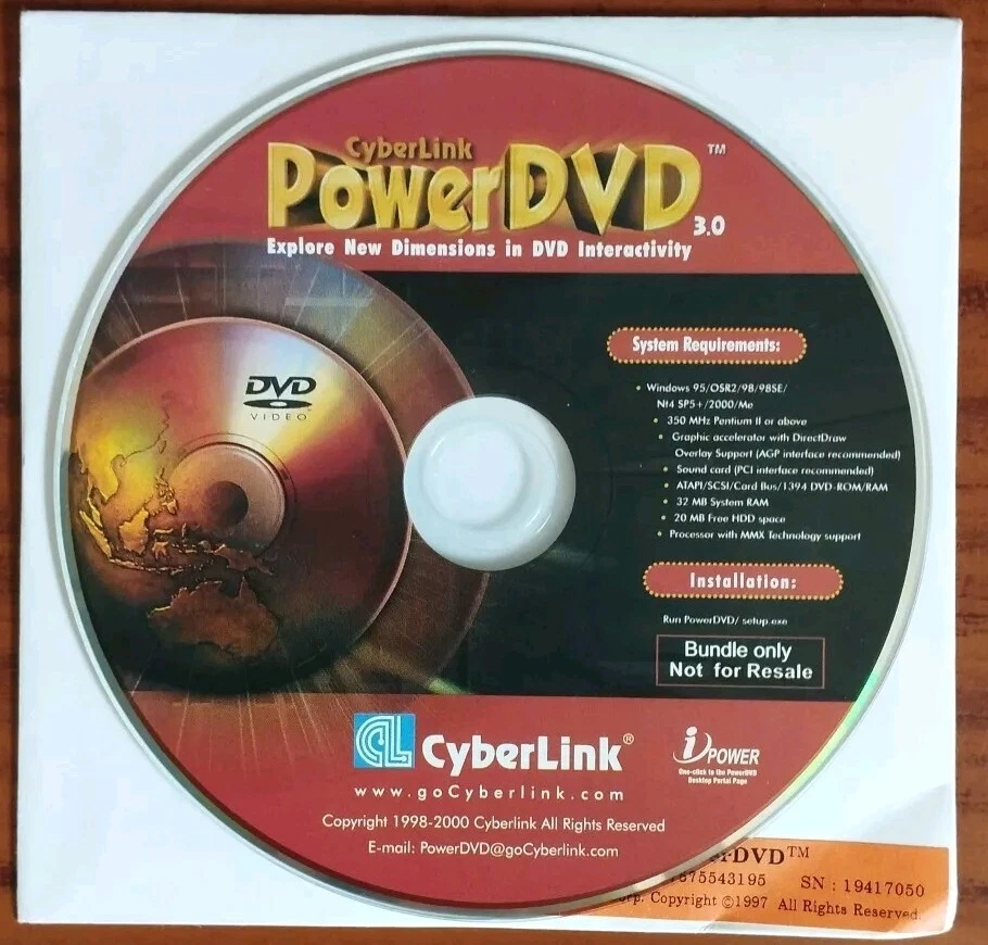 CYBERLINK POWER DVD 3.O FOR WINDOWS 95, 98, 2000, With Key - Image 1 of 1