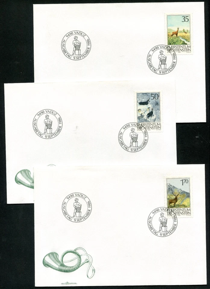 LIECHTENSTEIN 1986, HUNTING, WILD ANIMALS, Scott 849-851 on 3 F.D.C.'S - Image 1 of 1