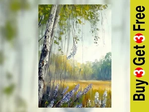 Birch Tree Meadow Painting 5"x7" Print on Matte Paper | Peaceful Forest Field - Picture 1 of 18