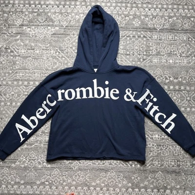 Abercrombie & Fitch Womens Logo Spell Out Cropped Hoodie Large Navy Blue READ - Image 1 of 4
