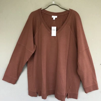 Suéter J. Jill Cuello en V Mujer XL Marrón Rojo Roble Terry Francés Relajado Acogedor Casa de Campo Foto 1 de 4