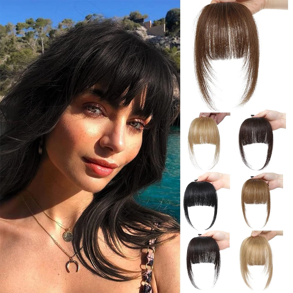 100 % Echthaar dünner 3D zarter Pony Clip in ECHTE Fransen Vorderteil Extensions. - Bild 1 von 4