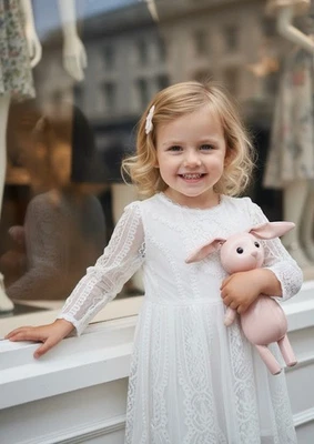 Vintage snow white Long Lace Fairy Dress for Girls Extra Long Hollow Design 2-4Y - Image 1 of 4