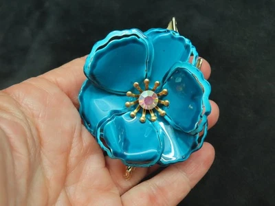Vintage 60er Jahre türkis Emaille Oversize Blumen Brosche - Bild 1 von 3