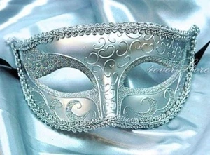 Silver Masquerade Mask with Venetian Art Engraving and Glitters Design - Picture 1 of 1