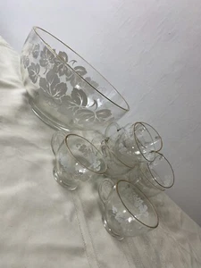 Glas Bowle Schale Set 10 Gläser Weinblätter Muster Gold Party Unterhaltung - Bild 1 von 12