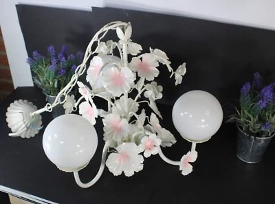 Vintage metal enamel pink white flower opaline glass globes chandelier 1970 - Image 1 of 4