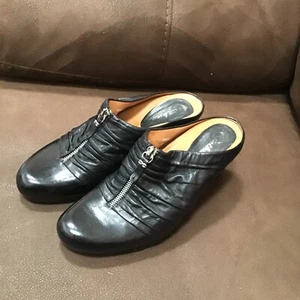 EARTHIES JAVELLE BLACK LEATHER SLIP ON MULE WEDGE WOMEN’S SHOES SIZE 8B ZIPPER - Picture 1 of 10