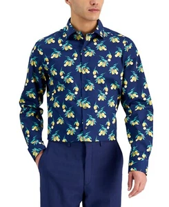 Bar Iii Men Slim Fit Lemon-Print Dress Shirt Navy Yellow Size L 1590 - Picture 1 of 1