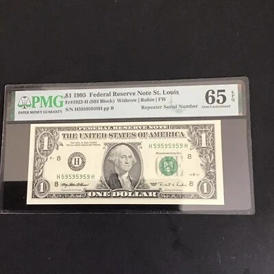 FR#1922-H $1.00 1995 F.R.N. Super Repeater Serial number H 59595959H PMG 65 EPQ  - Image 1 of 2