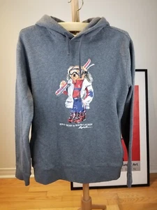VINTAGE RALPH LAUREN POLO BEAR SKI GRAY HOODIE SWEATSHIRT SZ MEDIUM MINTY - Picture 1 of 5