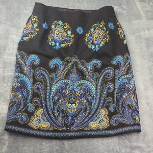 Lands End Skirt Paisley 100% Wool Black Sz 8 Lined - Picture 1 of 13