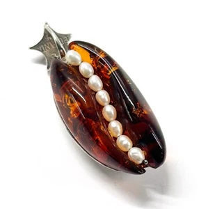 925 Solid Sterling Silver Real Cognac Baltic Amber Designer Pendant 2 in 12 g - Picture 1 of 3