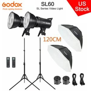 US 2*Godox SL-60W 5600K LED Video Light Continious Lamp+120CM Softbox Stand Kit - Picture 1 of 12