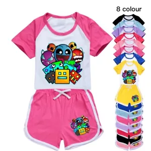 Children's Geometry Dash Games Tracksuit T-shirts Top Shorts Sleepwear Pj's Sets - Picture 1 of 14