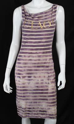 MOSCHINO CHEAP & CHIC Purple Tie-Dye Striped Jersey CIAO! Embroidered Dress 42 - Image 1 of 4