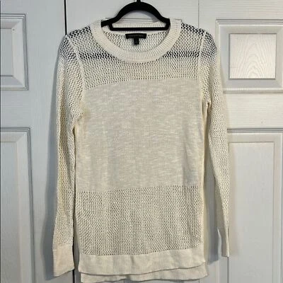 BANANA REPUBLIC Small Cream Crewneck Sweater Relaxed Fit Open Knit Linen Stretch - Image 1 of 4