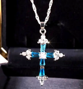 Fashion Women Luxury Blue Zircon Cross Design Pendant Necklace 925 Silver Plated - Picture 1 of 5