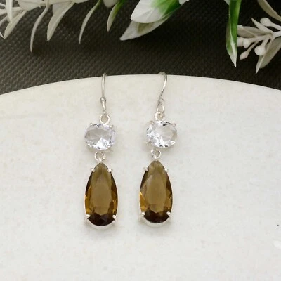 Pendientes de piedras preciosas de cuarzo ahumado embellecer pendientes de plata de ley 925 regalo Foto 1 de 4