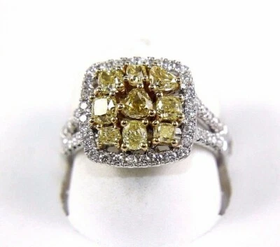 Elegante anillo puente con racimo cuadrado de diamantes canarios amarillos de oro blanco de 14 quilates de 1,86 quilates Foto 1 de 4