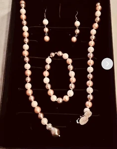 Pearls “Stauer” Paruer Necklace, Bracelet,Earrings Champagne White& Tahiti Color - Picture 1 of 3