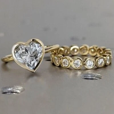 4.00CTW Heart Moissanite Bezel Bridal Set Engagement Ring 14k Yellow Gold Plated - Image 1 of 4