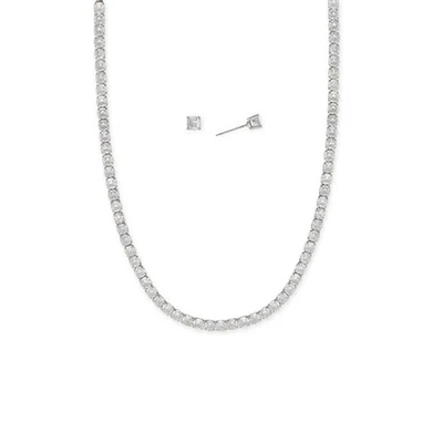 Conjunto de joyas de collar de tenis de circonita cúbica de 4 mm y pendientes de circonita cúbica de 5 mm tono plata Foto 1 de 4