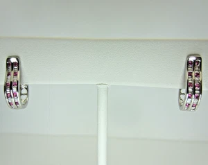 18k White Gold Ruby and Baguette Diamond Hoop Earrings Small - Picture 1 of 17