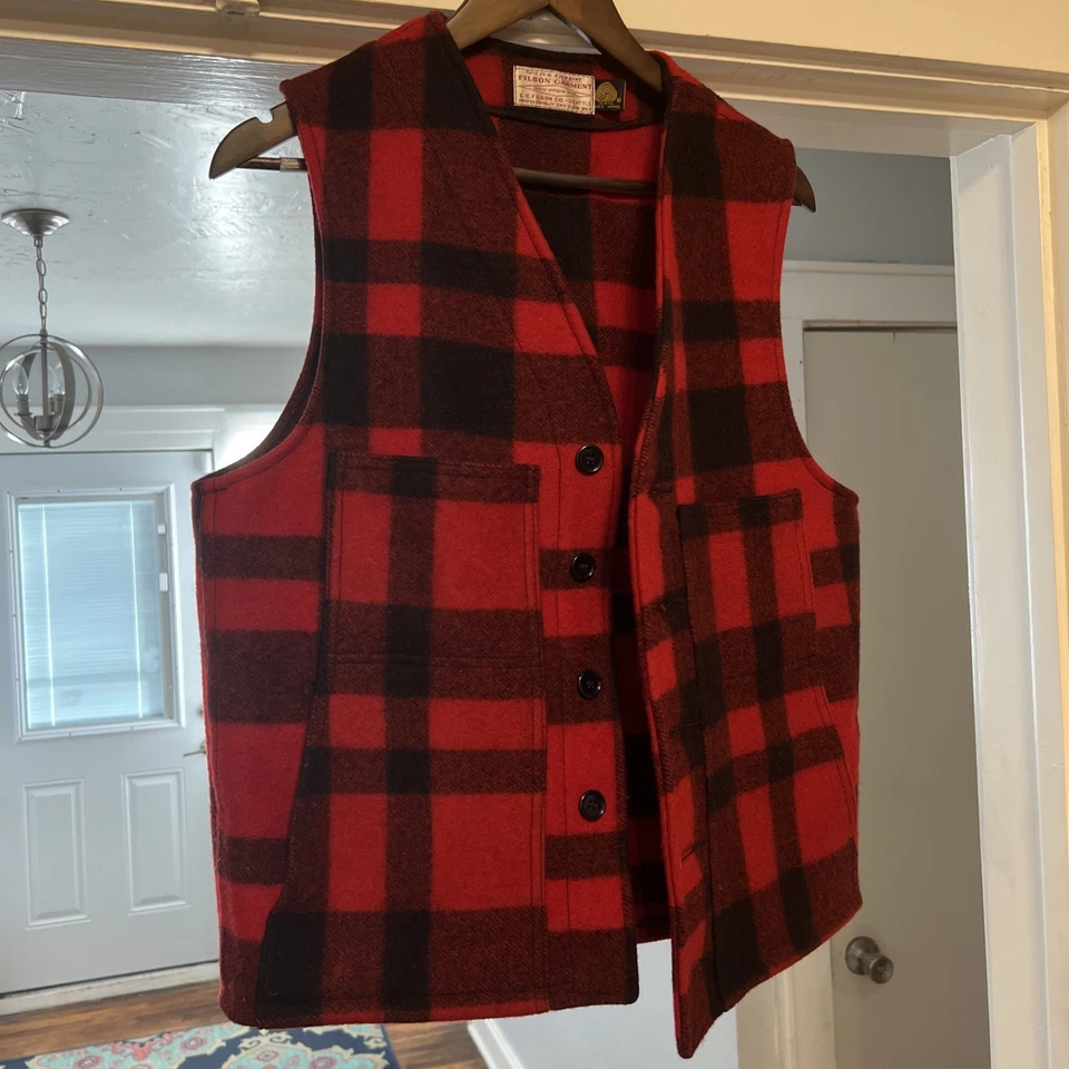 Chaleco de Lana Filson Mackinaw Talla 40 Bolsillos Rojo Cuadros HECHO EN EE. UU. VINTAGE Foto 1 de 4