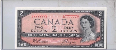 1954 Bank of Canada $2 two dollar paper money bill UNCIRCULATED CRAZY SERIAL # - Image 1 of 3