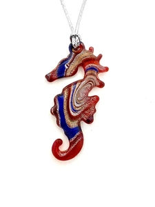 Lampwork Art Glass Sea Horse Pendant/Ornament, 2.5" H x 1.3" W w/Silver Cord - Picture 1 of 1