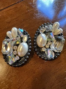 Funky 1980s Vintage Handmade Big Bold Earrings Black Faux Pearl Strass - Bild 1 von 5