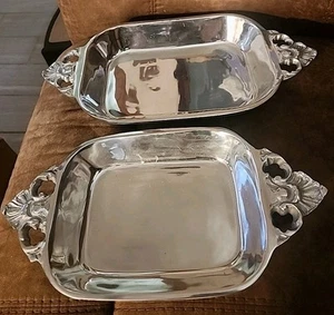 Set Of 2 Ann Kary Serving Dish with Ornate Handles, Mexico Pewter 16.5" & 15" - Picture 1 of 16