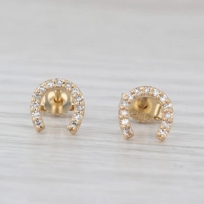 Nuevos aretes de herradura de diamantes de 0,10 quilates de oro amarillo de 14 k tachuelas occidentales de la suerte Foto 1 de 4