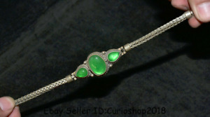 8,6" Ancien bracelet chaîne à main chinoise incrustation argent vert jade dynastie bijoux