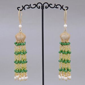 Natural White Pearl Gold Plated Macarsite CZ Green Jade Hook Earrings For Lady