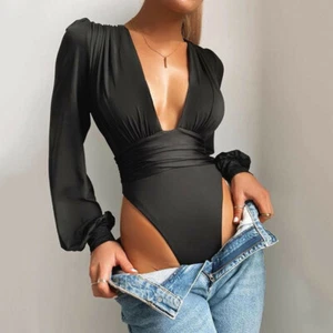 Sexy Mujeres Profundo Cuello en V Body Blusa Leotardo Mono Mameluco Sexy Prendas para el torso Plisado - Imagen 1 de 9