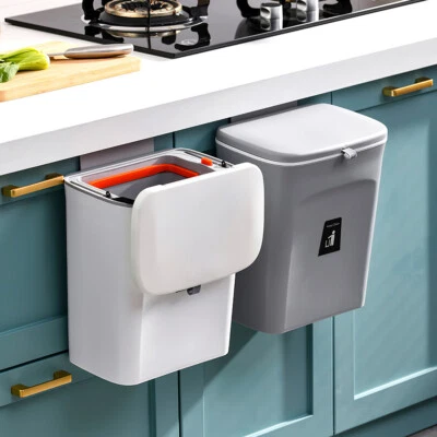 9L Kitchen Hanging Trash Can Cabinet Door Cupboard Wall Mounted Waste Bin w/ Lid - Image 1 of 4
