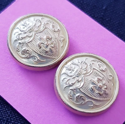 2x Vintage 3/4" Gold-Tone Satin Finish Flor-de-lis Shield Round Shank Buttons - Image 1 of 4