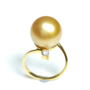 Natural Golden Pearl Ring, Flawless 12.6mm South Sea Pearl. 14k Solid Gold Band - Picture 1 of 6