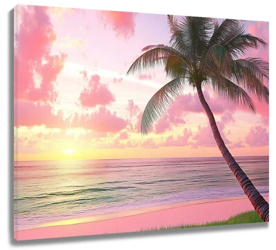 Sunset Pink Cloud Blue Ocean Beach Abstract Wall Art for Bathroom Living Room - Image 1 of 4