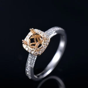 Natural Diamond Semi Mount Engagement Halo Ring Setting Round 6.5mm 14K Gold - Picture 1 of 8