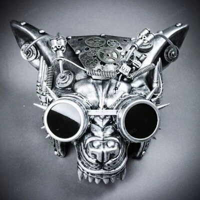 PLATEADO Steampunk Animal Lobo Disfraz Disfraz Halloween Hombre Ardiente Máscara Facial Foto 1 de 4