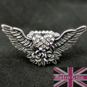 BIG ANGEL WINGS tattoo ROSE rockabilly CRYSTAL RING rhinestone VINTAGE SILVER PL - Picture 1 of 4