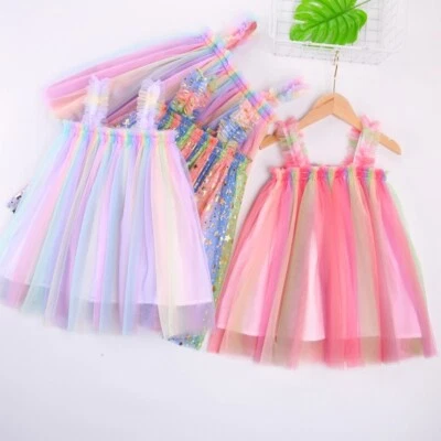 Girl Tutu Skirt Mesh Rainbow Glitter Dress Sleeveless Fairy Cosplay Thin Summer - Image 1 of 4