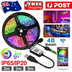NEW LED Strip Lights RGB USB IP65 Waterproof 1M-10M 60-300 5050 LED Bluetooth 5V - Picture 1 of 13
