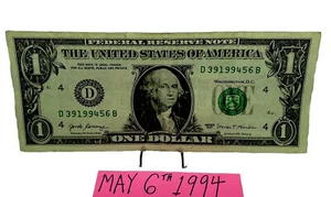 One Dollar Birthday Note May 6th 1994.Uncirculated Fancy Serial Number - Picture 1 of 4