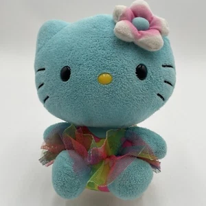 Ty Hello Kitty Plush Stuffed Animal Blue Hawaiian Flowers Skirt 6 Inch - Picture 1 of 10